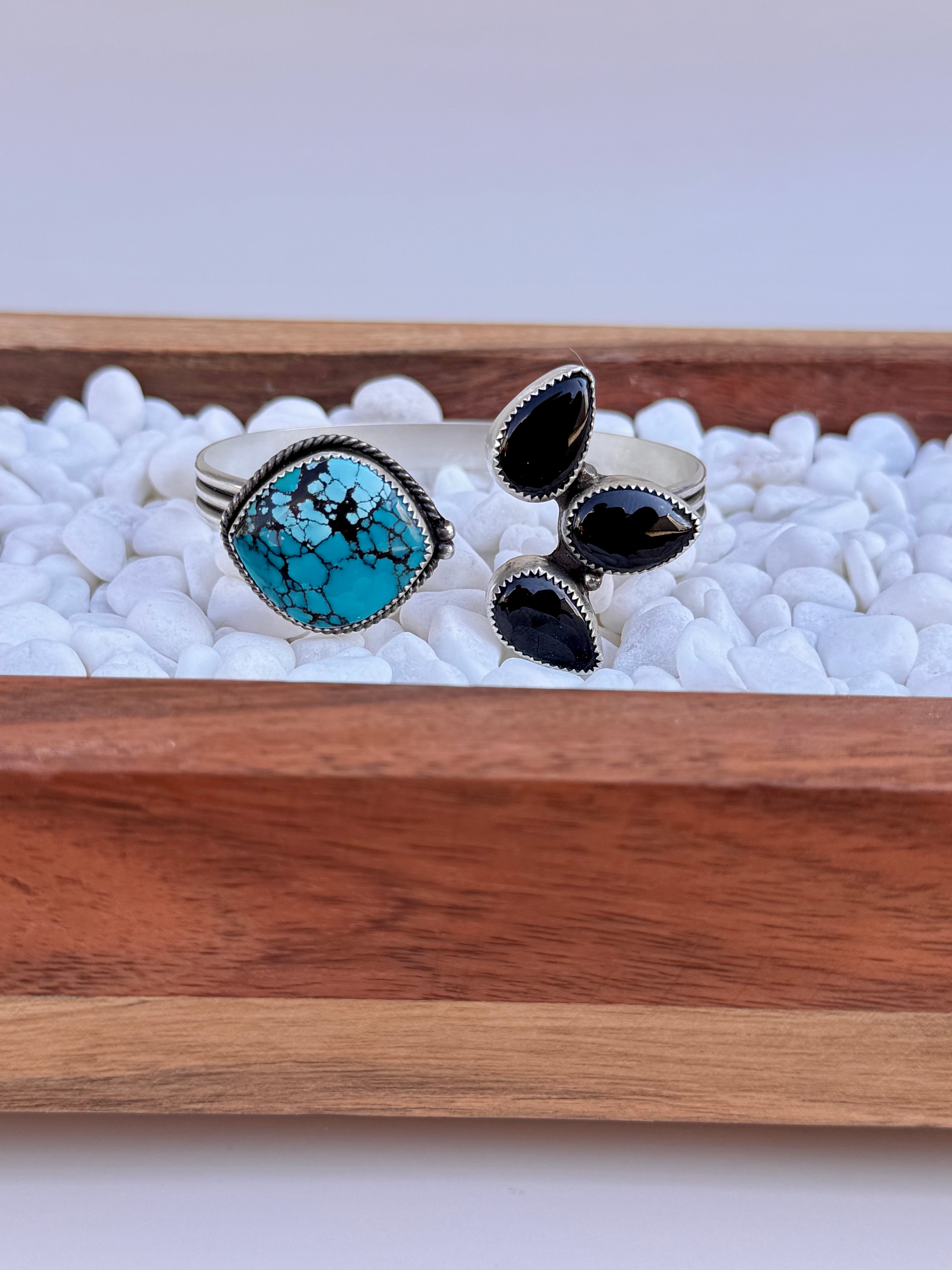 Harlequin Pattered Moon River Turquoise and Black Onyx. 7 inches